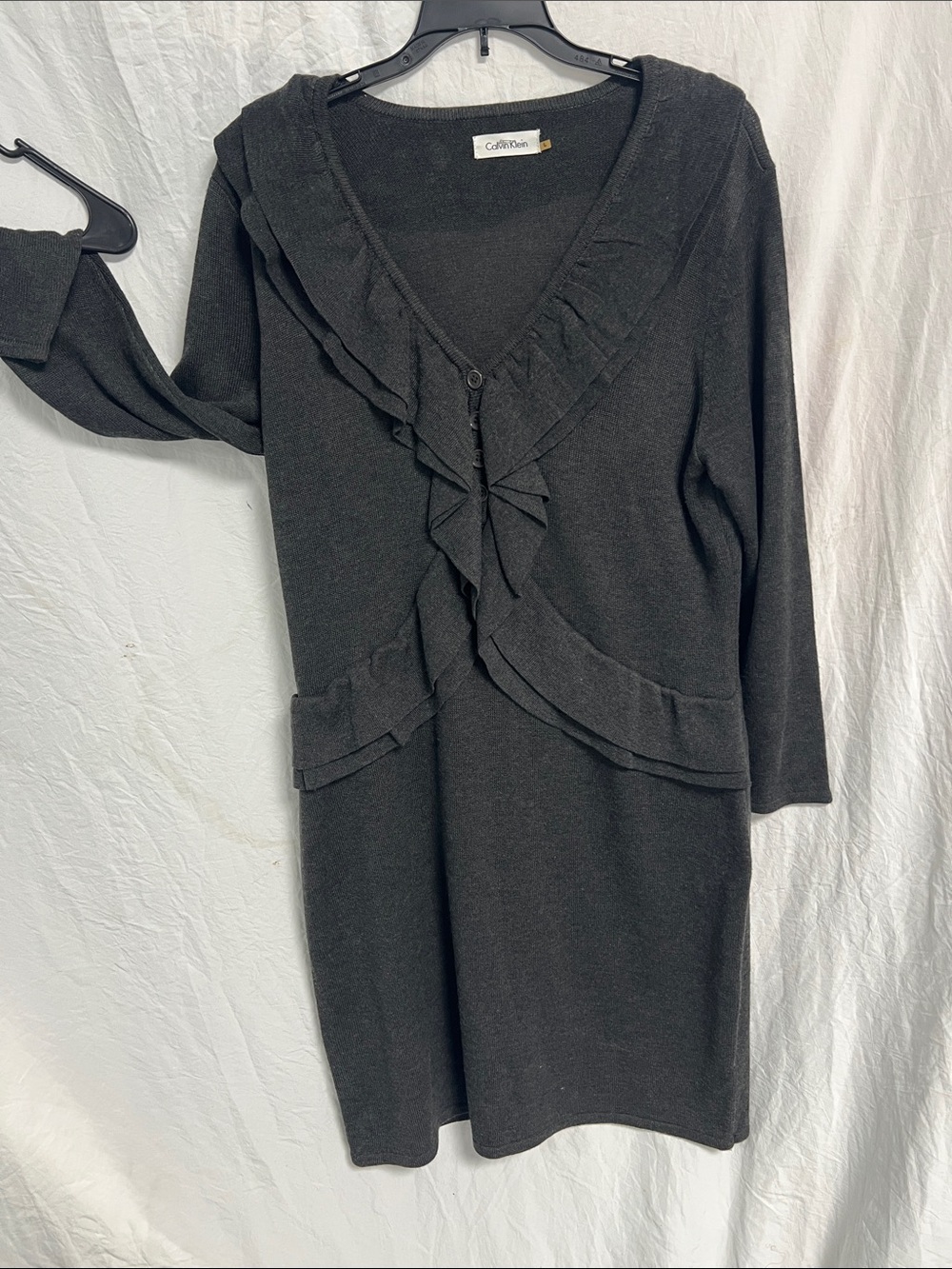 Coldwater Creek Dark Gray Ruffle-Trim Long Sleeve Dress